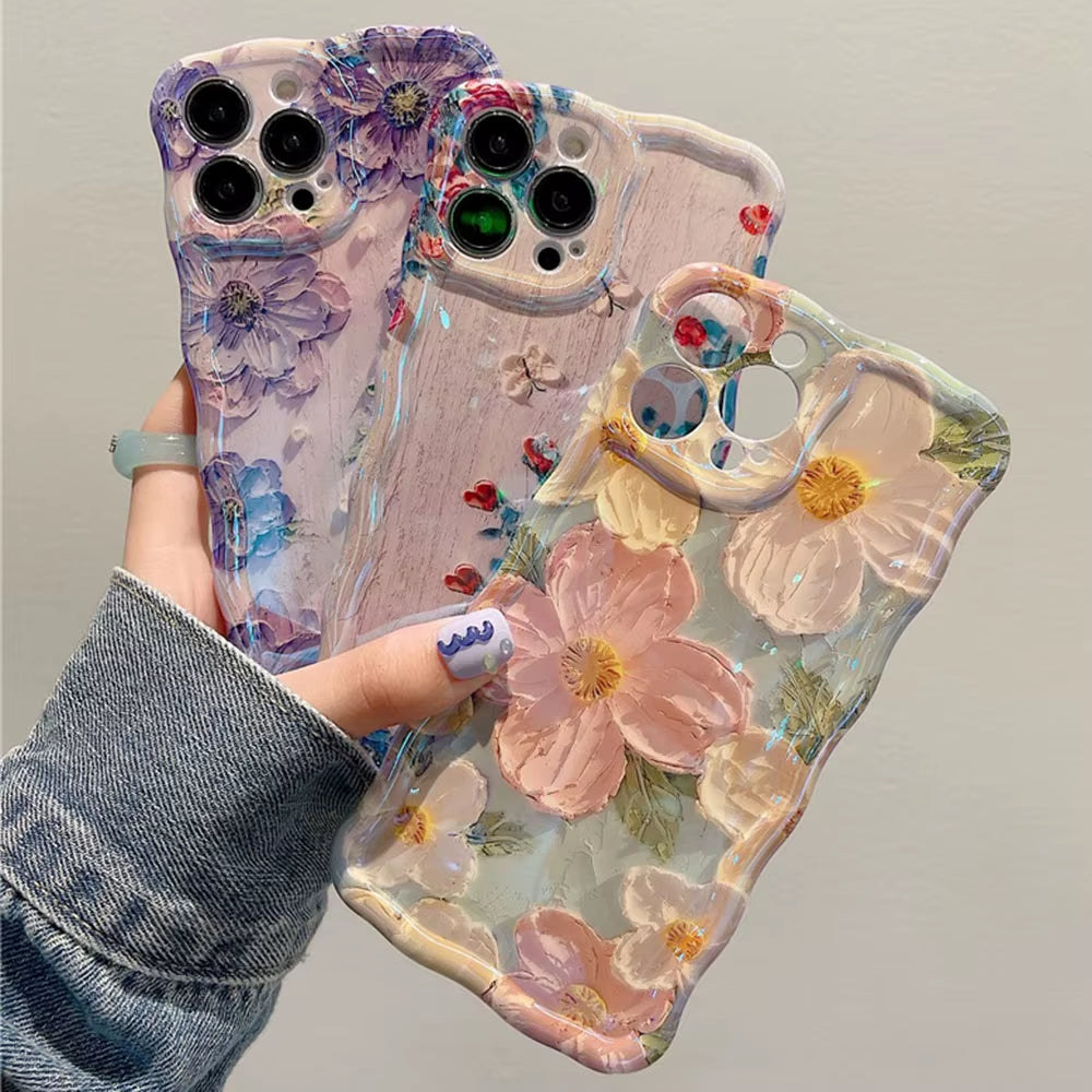 Exquisite Retro Floral Phone Case for iPhone 11-16 Pro Max with Glossy Finish and Wave Border