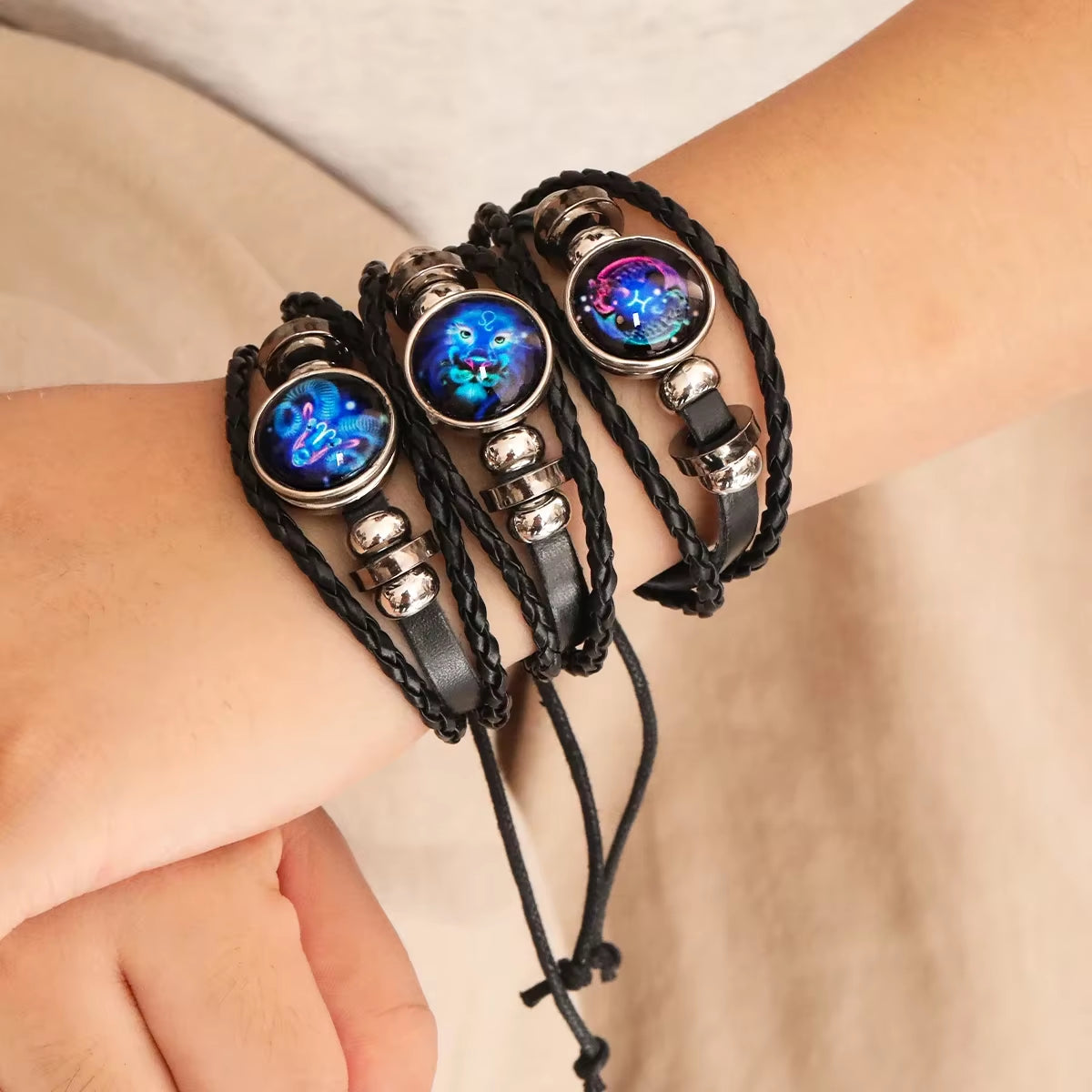 Luminous Zodiac Sign Charm Bracelets for Men and Women - Vintage Multilayer Leather Wrap Bangle - Ideal Birthday Gift