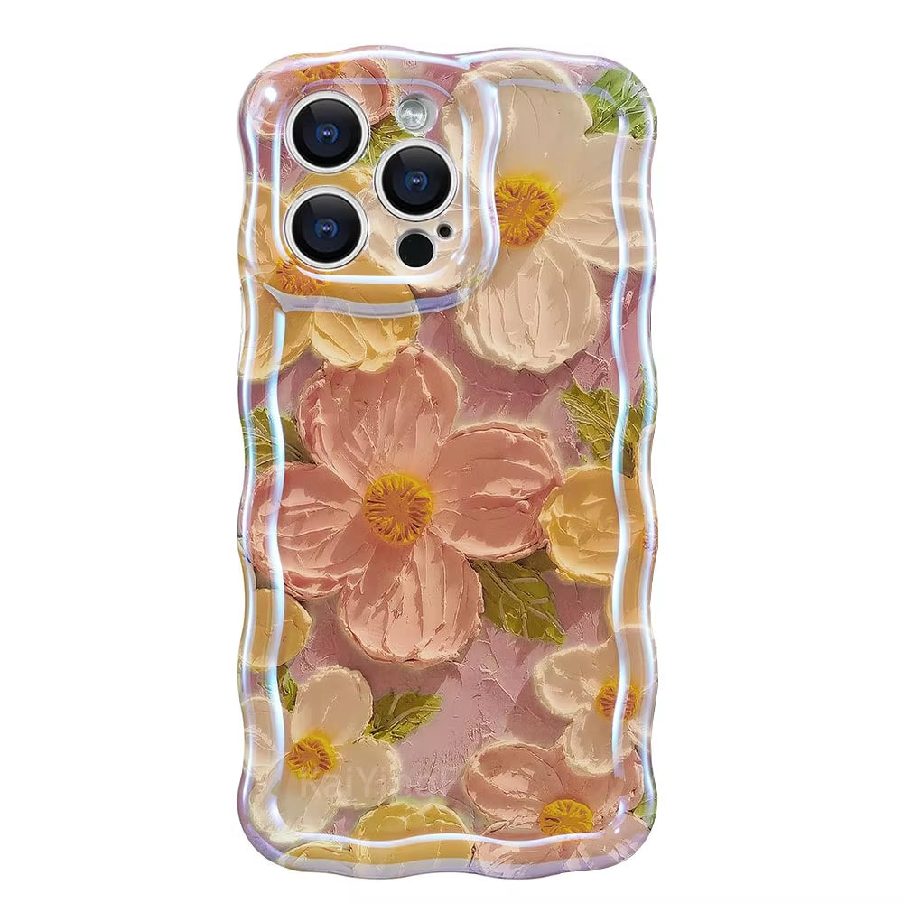 Exquisite Retro Floral Phone Case for iPhone 11-16 Pro Max with Glossy Finish and Wave Border
