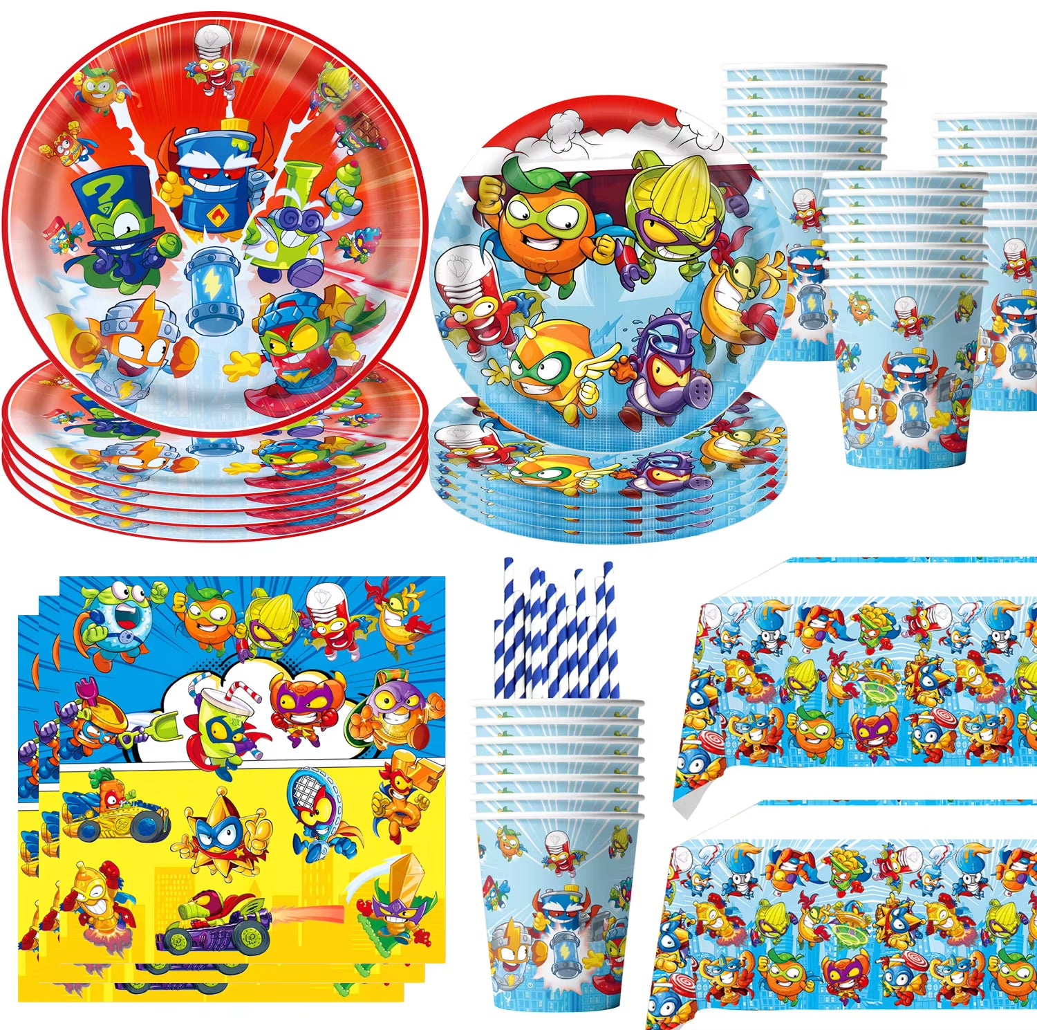 Superzings Cartoon Themed Birthday Party Disposable Tableware Set - Tablecloth, Plates, Cups, Napkins, and Favor Gifts