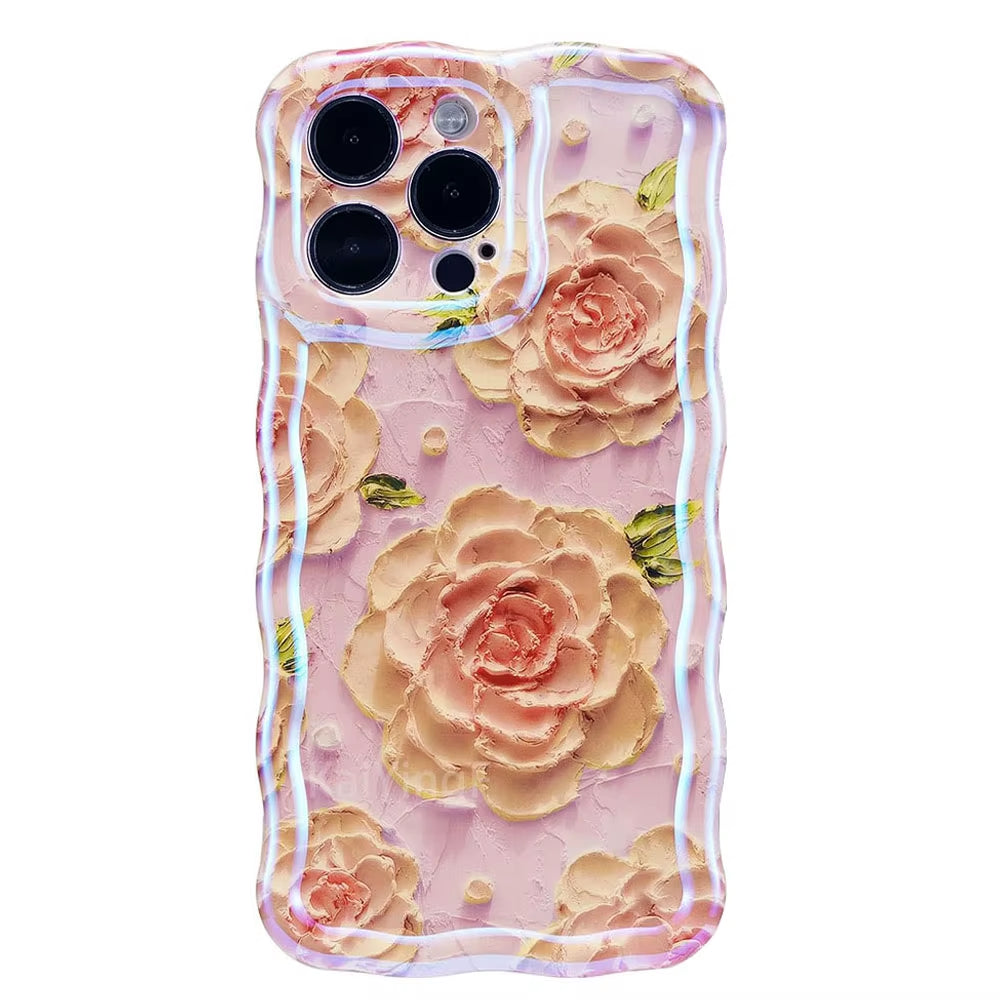 Exquisite Retro Floral Phone Case for iPhone 11-16 Pro Max with Glossy Finish and Wave Border
