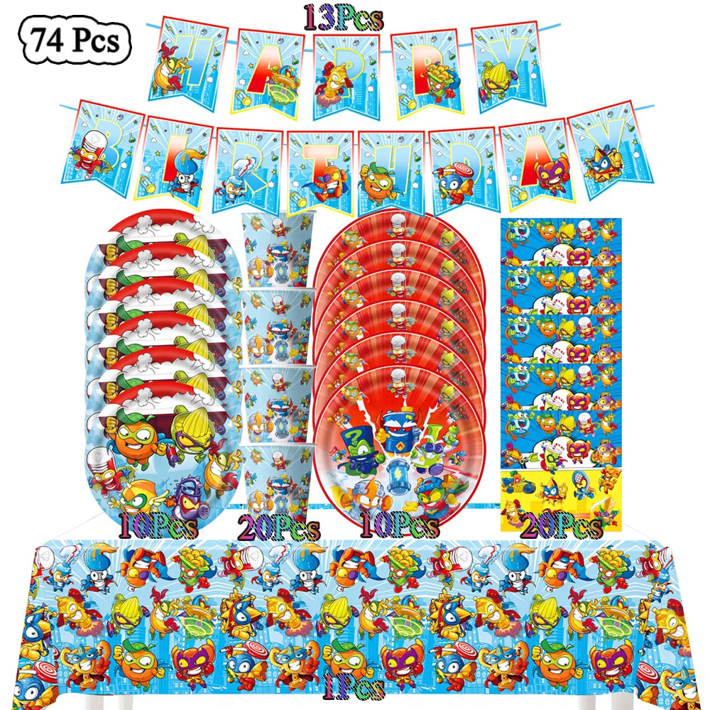 Superzings Cartoon Themed Birthday Party Disposable Tableware Set - Tablecloth, Plates, Cups, Napkins, and Favor Gifts
