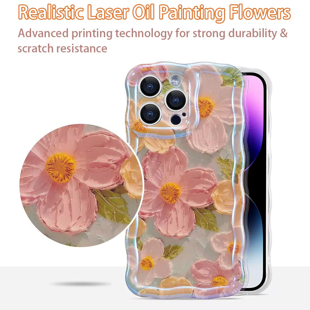 Exquisite Retro Floral Phone Case for iPhone 11-16 Pro Max with Glossy Finish and Wave Border