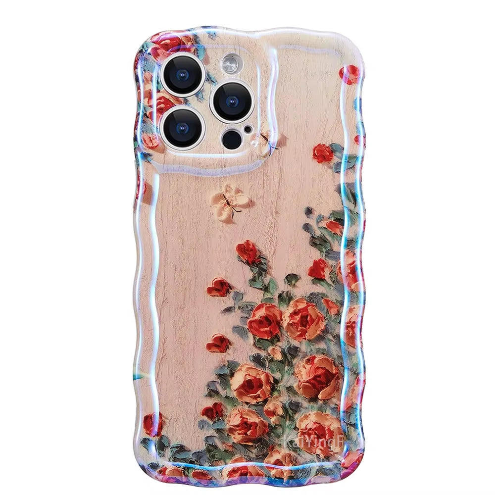 Exquisite Retro Floral Phone Case for iPhone 11-16 Pro Max with Glossy Finish and Wave Border