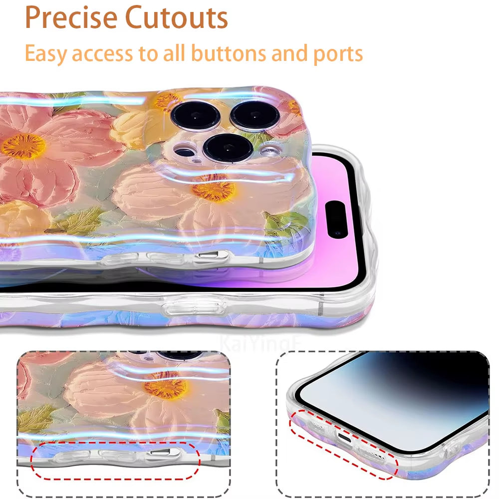 Exquisite Retro Floral Phone Case for iPhone 11-16 Pro Max with Glossy Finish and Wave Border