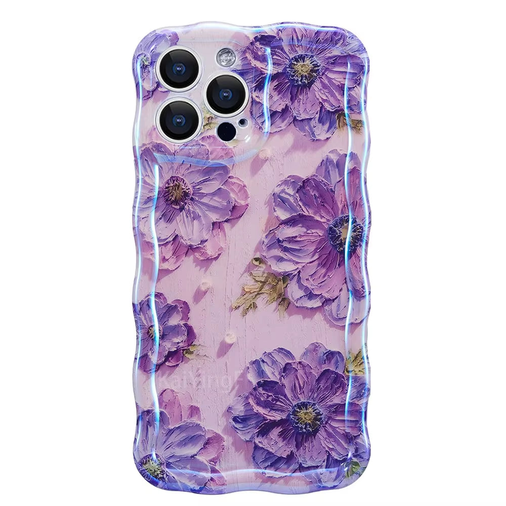 Exquisite Retro Floral Phone Case for iPhone 11-16 Pro Max with Glossy Finish and Wave Border