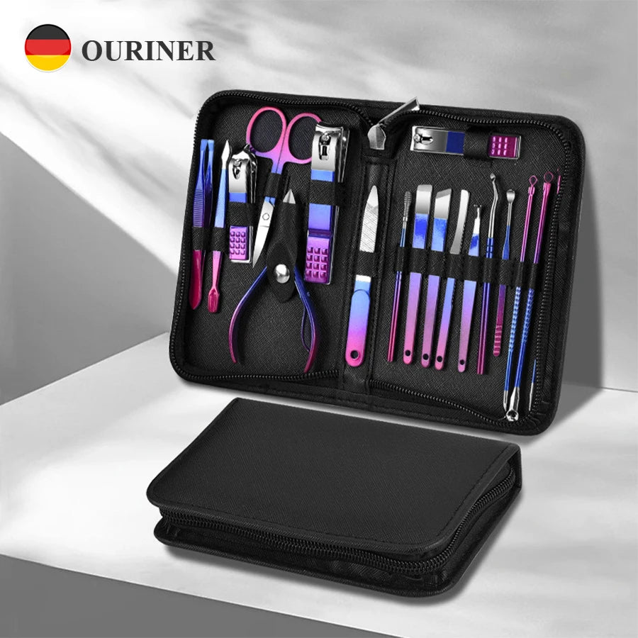 Professional Stainless Steel Manicure and Pedicure Set - 6 to 18 Pieces with Travel Case, Nail Clipper, and Scissors