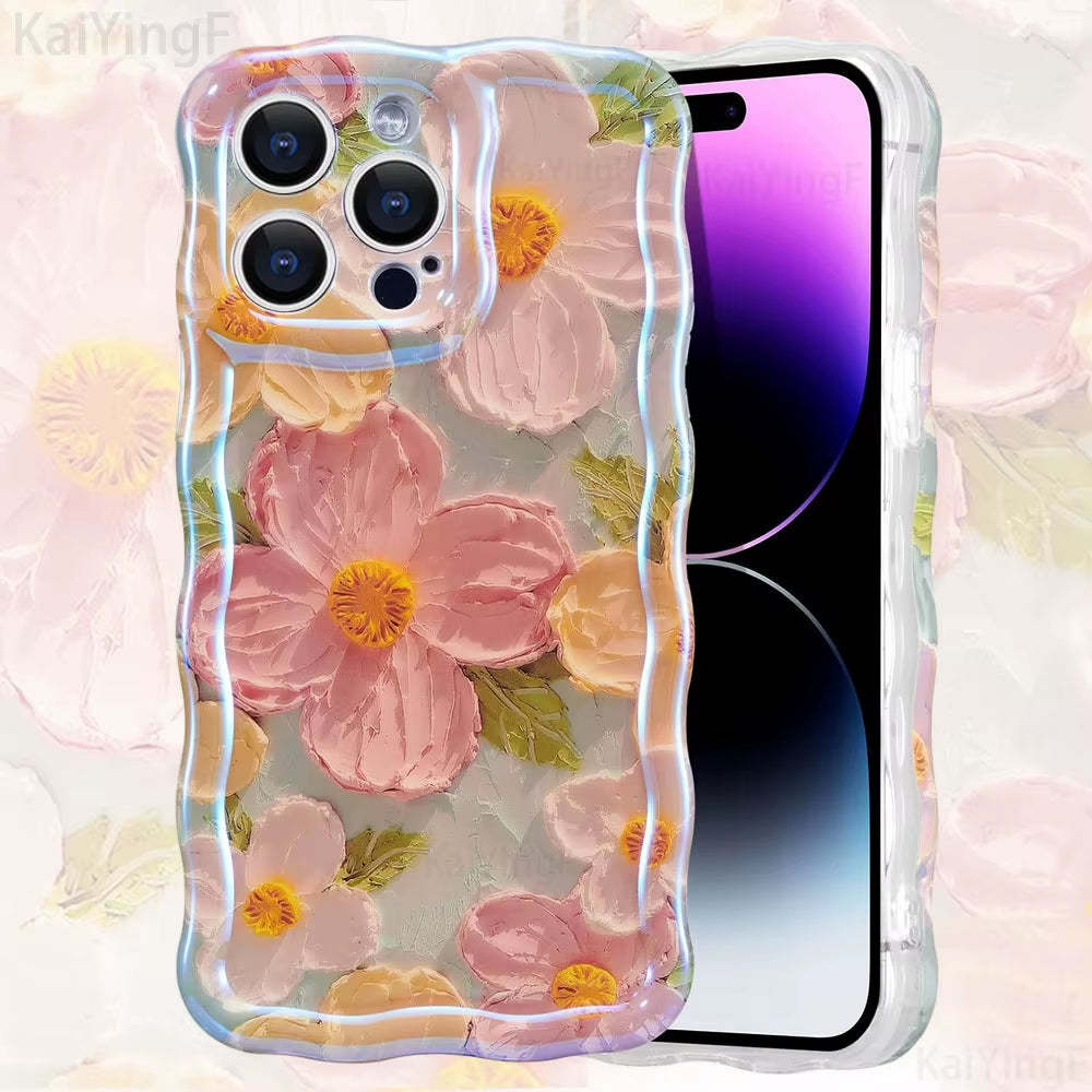 Exquisite Retro Floral Phone Case for iPhone 11-16 Pro Max with Glossy Finish and Wave Border