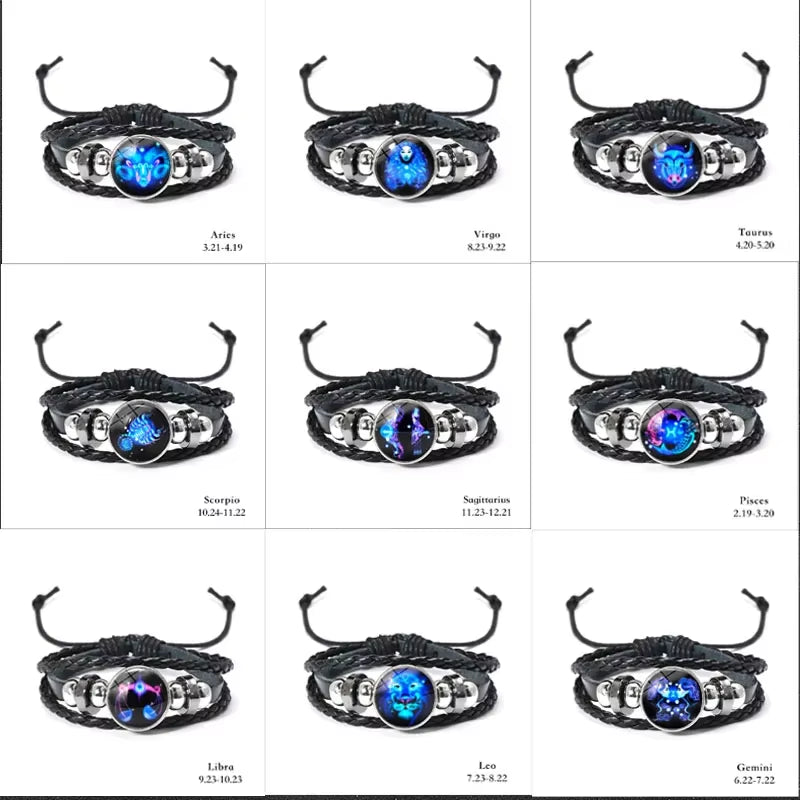 Luminous Zodiac Sign Charm Bracelets for Men and Women - Vintage Multilayer Leather Wrap Bangle - Ideal Birthday Gift