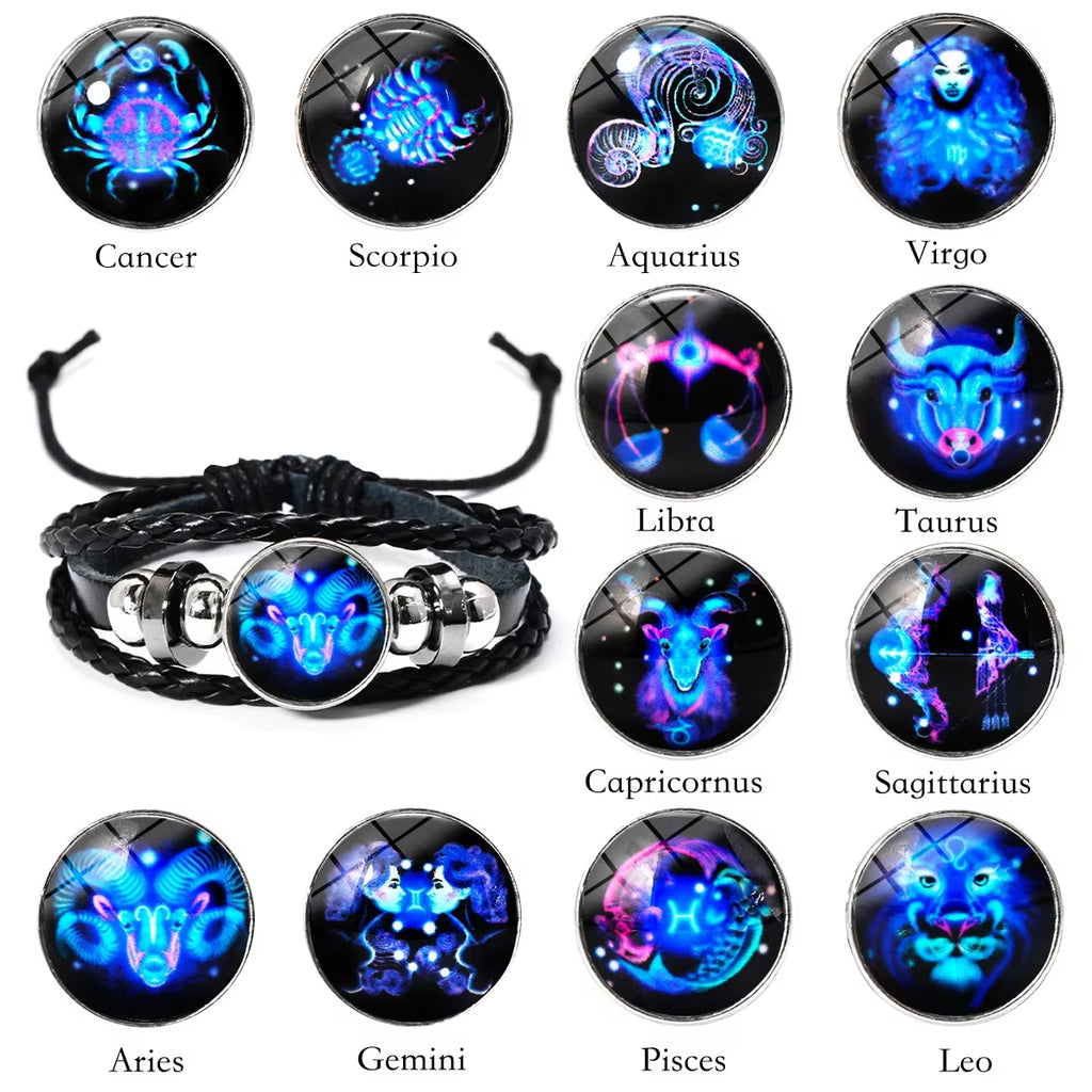 Luminous Zodiac Sign Charm Bracelets for Men and Women - Vintage Multilayer Leather Wrap Bangle - Ideal Birthday Gift