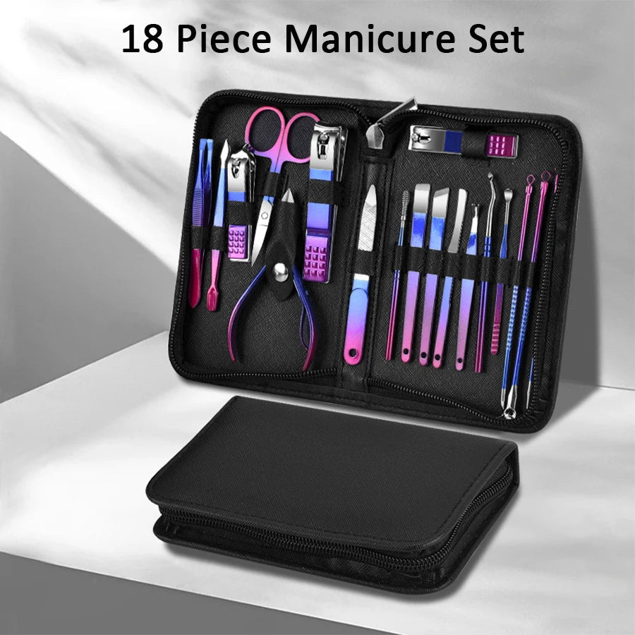 Professional Stainless Steel Manicure and Pedicure Set - 6 to 18 Pieces with Travel Case, Nail Clipper, and Scissors