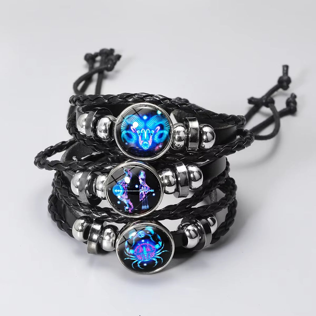 Luminous Zodiac Sign Charm Bracelets for Men and Women - Vintage Multilayer Leather Wrap Bangle - Ideal Birthday Gift