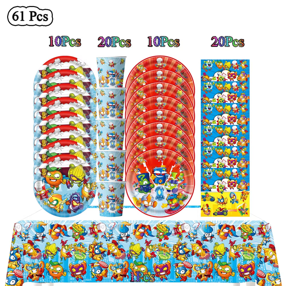 Superzings Cartoon Themed Birthday Party Disposable Tableware Set - Tablecloth, Plates, Cups, Napkins, and Favor Gifts