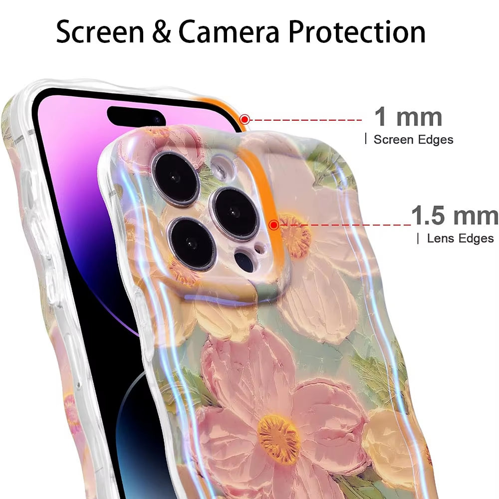 Exquisite Retro Floral Phone Case for iPhone 11-16 Pro Max with Glossy Finish and Wave Border