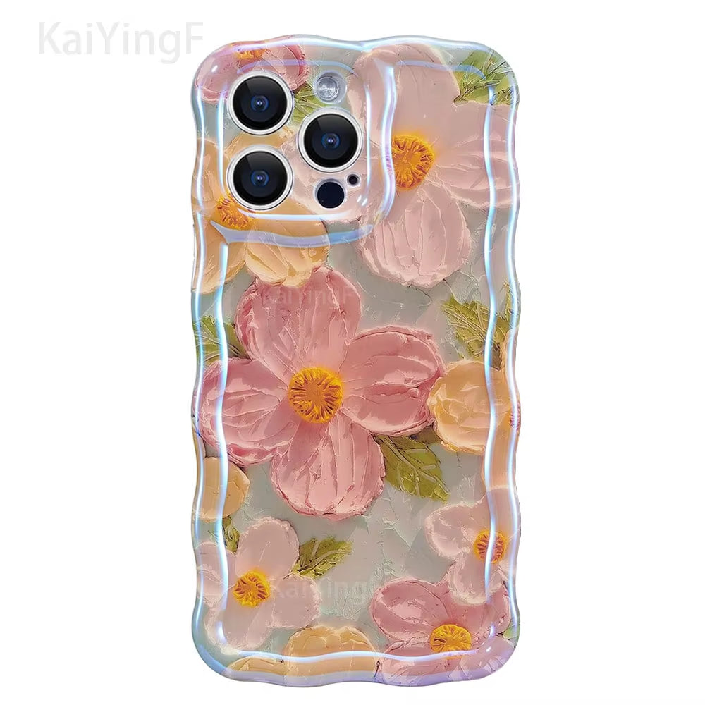 Exquisite Retro Floral Phone Case for iPhone 11-16 Pro Max with Glossy Finish and Wave Border